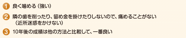 １．良く噛める（強い）２．隣の歯を削ったり、留め金を掛けたりしないので、痛めることがない（近所迷惑をかけない）３．10年後の成績は他の方法と比較して、一番良い
