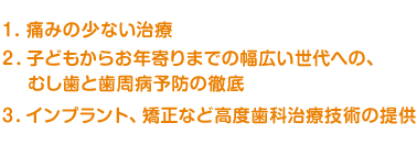 １．痛みの少ない治療　２．子どもからお年寄りまでの幅広い世代への、むし歯と歯周病予防の徹底　３．インプラント、矯正などの高度歯科治療技術の提供